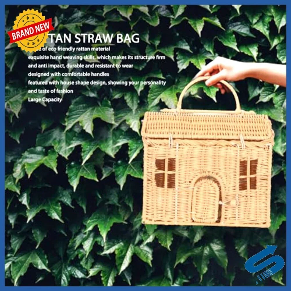 Handwoven Rattan Tote Large Capacity House Shape Beach Bag Boho Chic